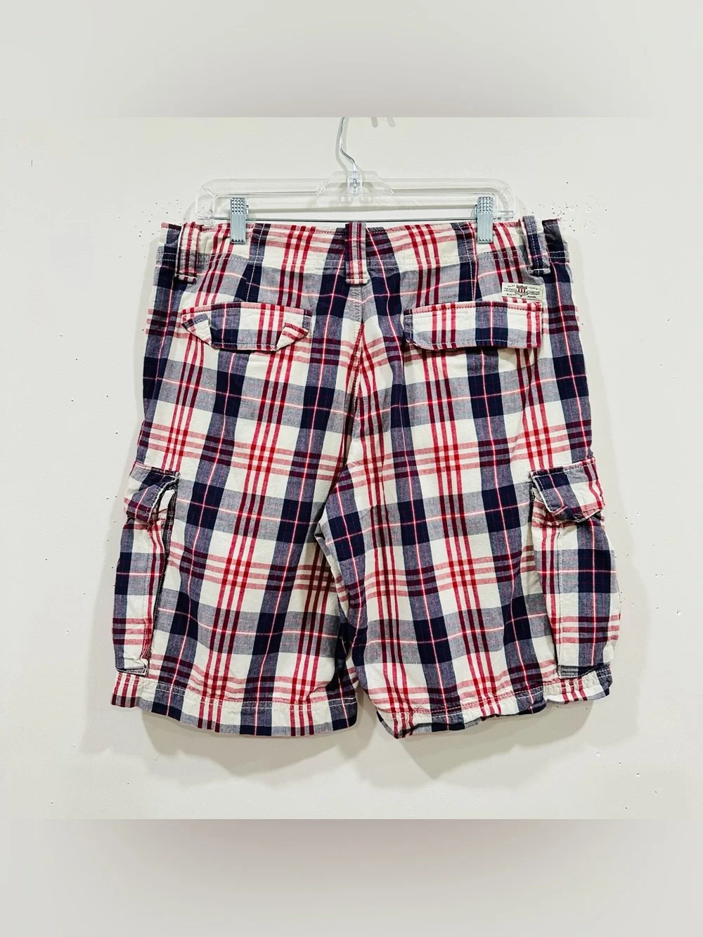 Vintage Polo Jeans Co Ralph Lauren Cargo Shorts Mens 34‎ Blue Red Tartan Plaid